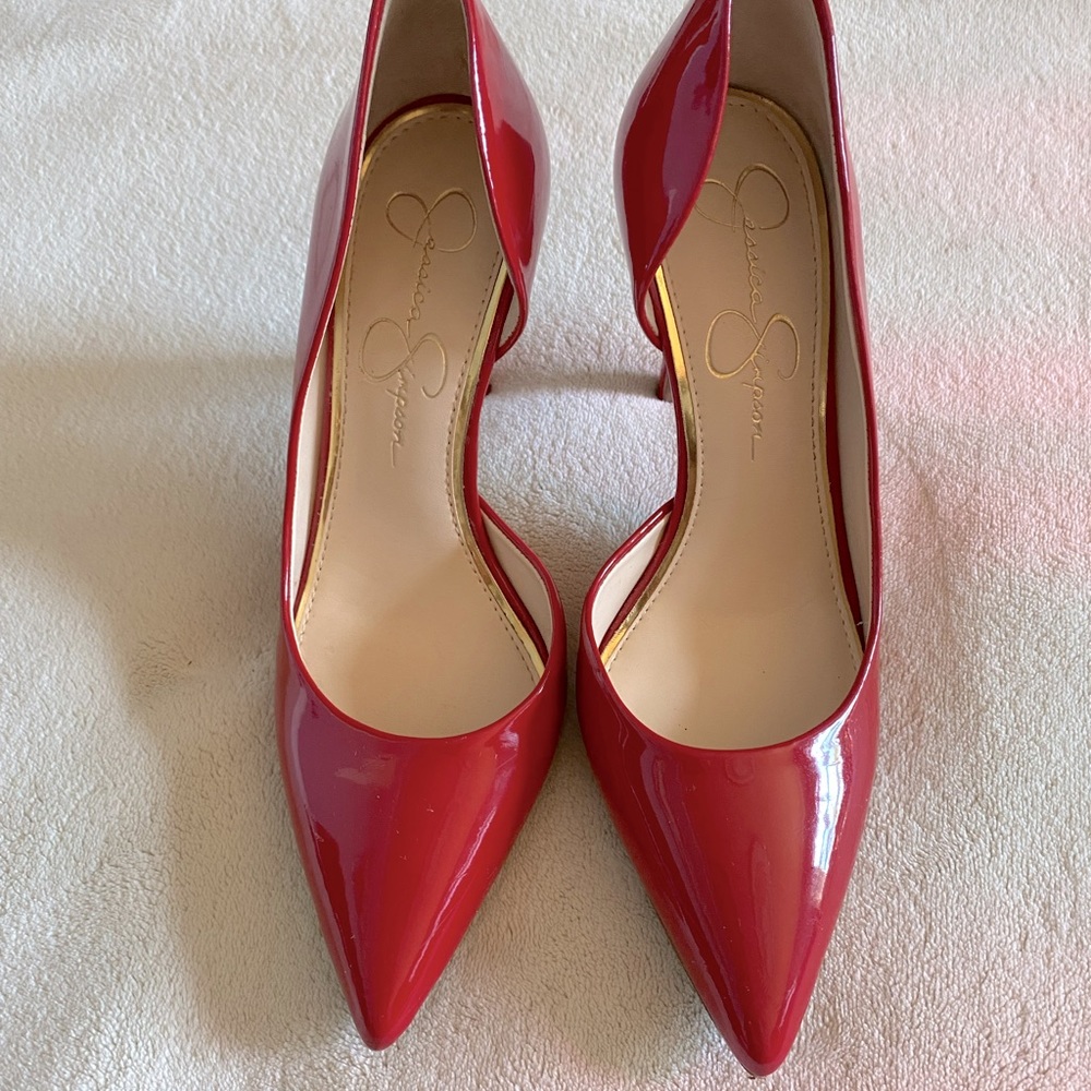Jessica Simpson red pointy toe pumps